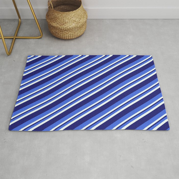 Royal Blue, Mint Cream & Midnight Blue Colored Striped Pattern Rug
