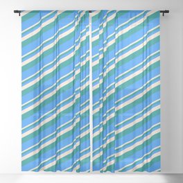 [ Thumbnail: Beige, Dark Cyan, and Blue Colored Lined Pattern Sheer Curtain ]