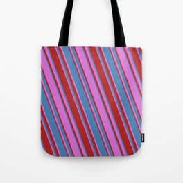 [ Thumbnail: Orchid, Red & Blue Colored Lined/Striped Pattern Tote Bag ]