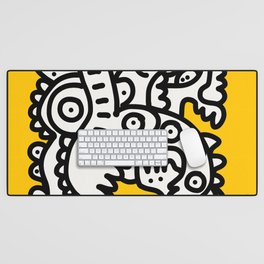 Black and White Cool Monsters Graffiti on Yellow Background Desk Mat