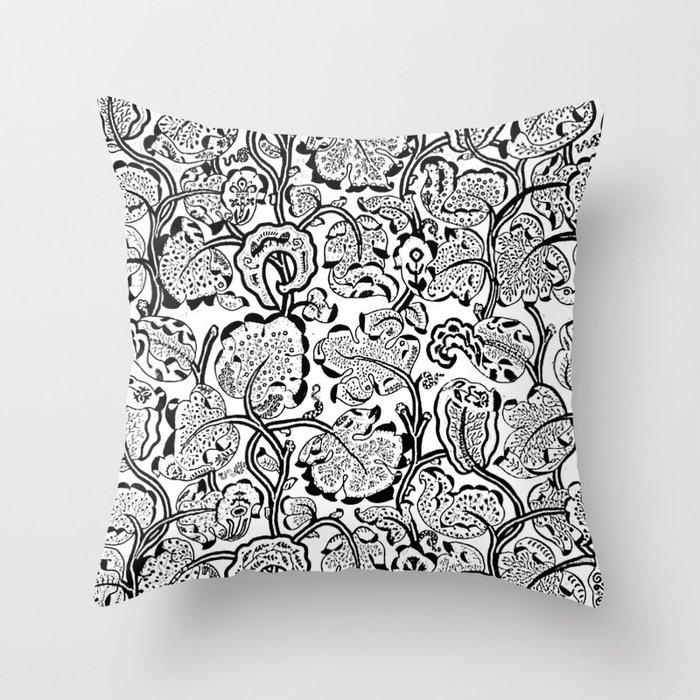 Black and White Antique Leaf Pattern Throw Pillow