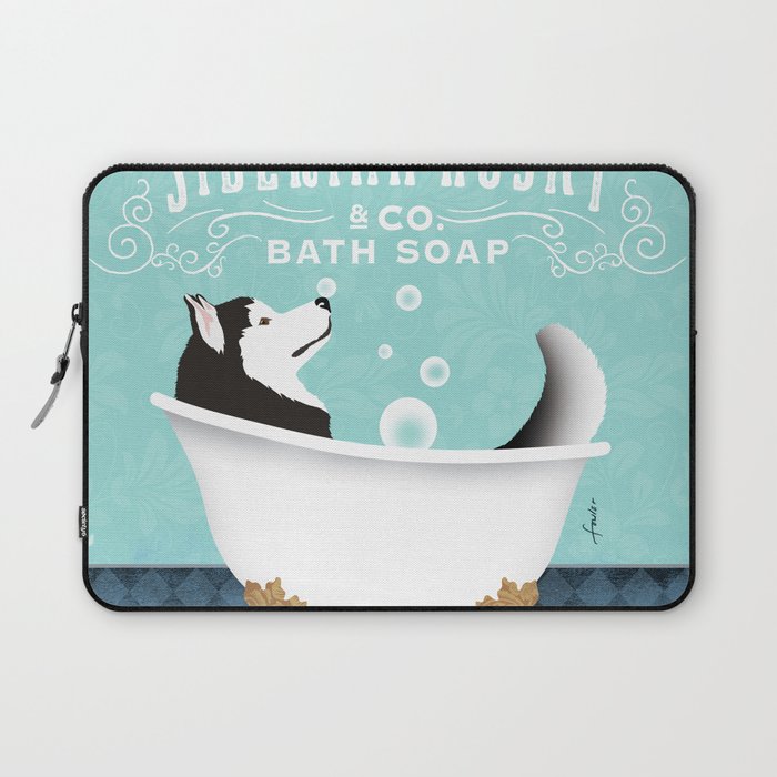 Siberian Husky dog bath tub clawfoot bubble soap wash your paws art artwork  Laptop Sleeve