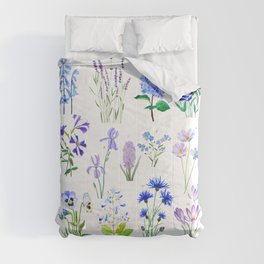 blue and purple flower collection watercolor Comforter