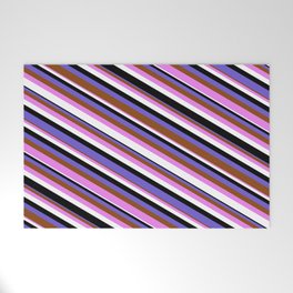 [ Thumbnail: Eye-catching Slate Blue, Brown, Violet, White & Black Colored Pattern of Stripes Welcome Mat ]