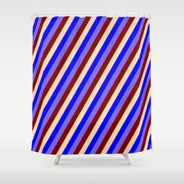 [ Thumbnail: Medium Slate Blue, Maroon, Tan & Blue Colored Pattern of Stripes Shower Curtain ]