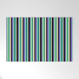 [ Thumbnail: Eye-catching Slate Blue, Black, Tan, Teal & Light Green Colored Stripes/Lines Pattern Welcome Mat ]
