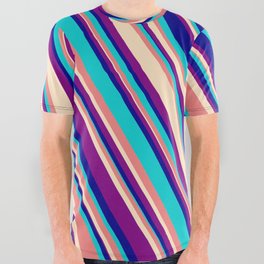 [ Thumbnail: Light Coral, Bisque, Purple, Dark Blue, and Dark Turquoise Colored Lined/Striped Pattern All Over Graphic Tee ]