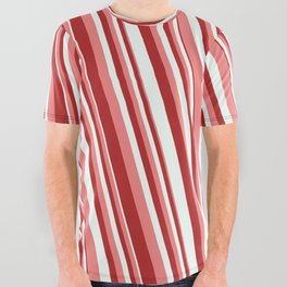 [ Thumbnail: Light Coral, Red & Mint Cream Colored Stripes Pattern All Over Graphic Tee ]