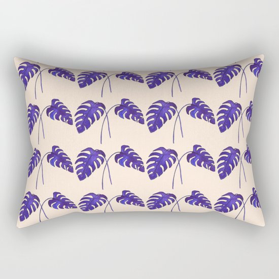 Indigo Monstera Leaf Watercolor on Blush Rectangular Pillow