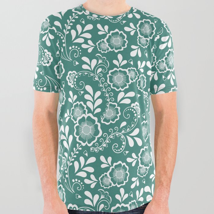 Green Blue And White Eastern Floral Pattern All Over Graphic Tee