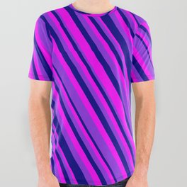 [ Thumbnail: Purple, Blue & Fuchsia Colored Lined Pattern All Over Graphic Tee ]