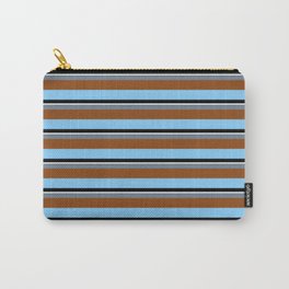 [ Thumbnail: Colorful Slate Gray, Brown, Light Sky Blue, Black & Mint Cream Colored Striped Pattern Carry-All Pouch ]
