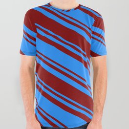 [ Thumbnail: Blue and Maroon Colored Pattern of Stripes All Over Graphic Tee ]