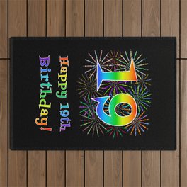 [ Thumbnail: 19th Birthday - Fun Rainbow Spectrum Gradient Pattern Text, Bursting Fireworks Inspired Background Outdoor Rug ]
