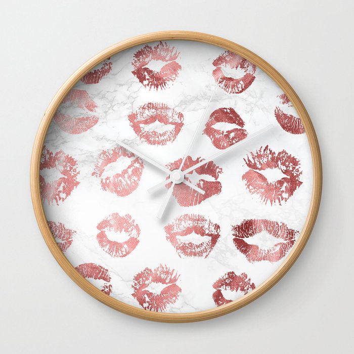 Fashion Lips Rose Gold Lipstick on Marble Wall Clock