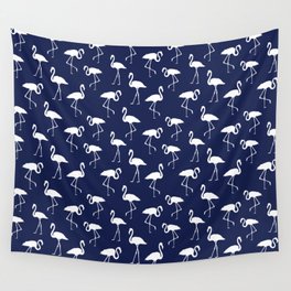 White flamingo silhouettes seamless pattern on navy blue background Wall Tapestry