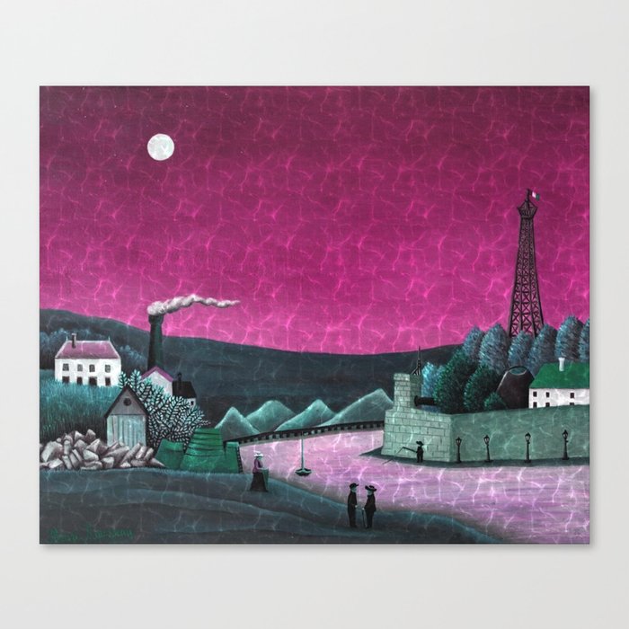 Moon on the River Seine, Paris, France pink reflection landscape painting by Henri Rousseau; La Seine à Suresnes Canvas Print