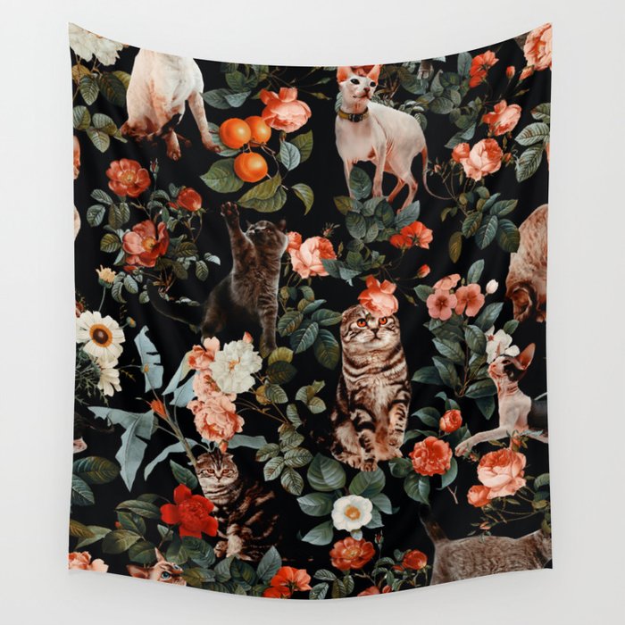 Cat and Floral Pattern II Wall Tapestry