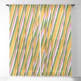 [ Thumbnail: Orchid, Light Yellow, Dark Green & Orange Colored Striped/Lined Pattern Sheer Curtain ]