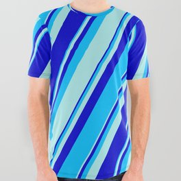 [ Thumbnail: Turquoise, Blue, and Deep Sky Blue Colored Pattern of Stripes All Over Graphic Tee ]