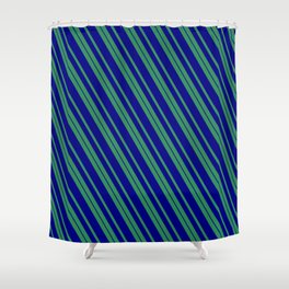 [ Thumbnail: Sea Green & Blue Colored Lines/Stripes Pattern Shower Curtain ]
