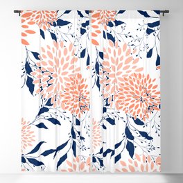 Floral Prints and Leaves, White, Coral and Navy Blackout Curtain