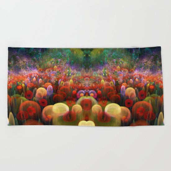 Dreamscape with poppies and orbs Beach Towel