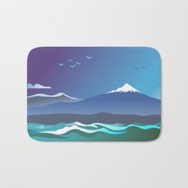 Mont Taranaki From The Sea Bath Mat | Digital, Graphicdesign, Patriciahowitt, Nightsky, Dawn, Ocean, Ruapehu, Mounttaranakisea, Coast, Tongariro 
