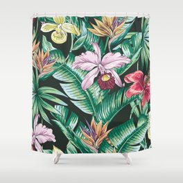 Tropical floral seamless pattern with exotic flowers,orchid,hibiscus,bird of paradise flower,jungle leaves. Hand drawn repeatable background. Vintage botanical illustration wallpaper.  Shower Curtain