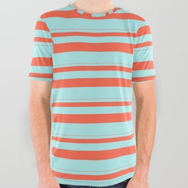 [ Thumbnail: Red & Turquoise Colored Striped/Lined Pattern All Over Graphic Tee ]