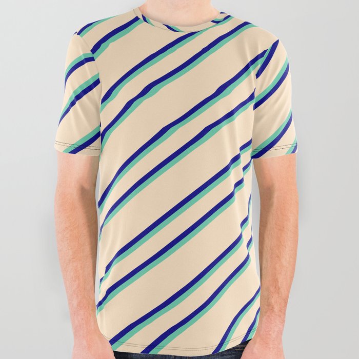 Bisque, Blue, and Aquamarine Colored Lines Pattern All Over Graphic Tee