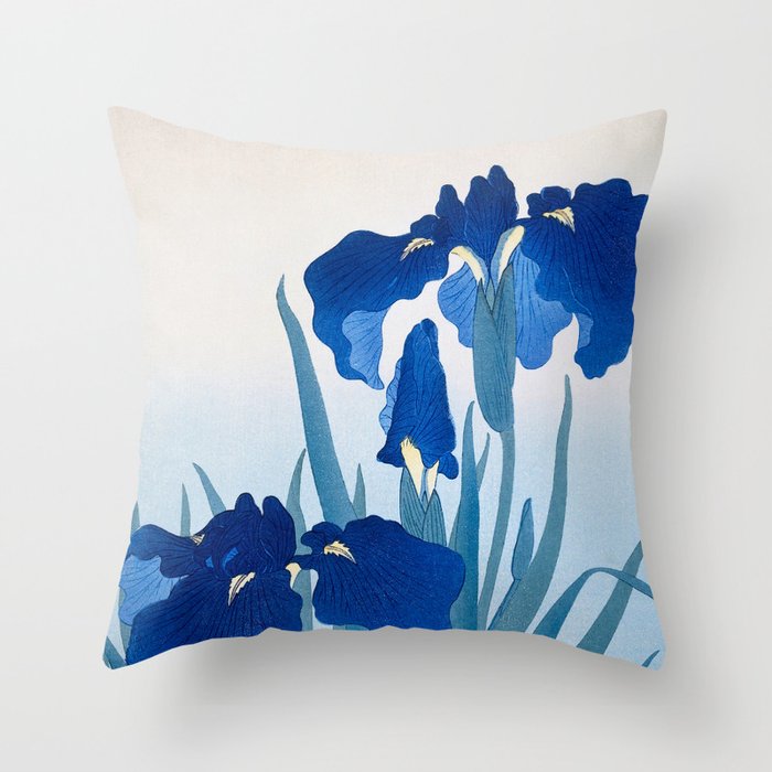 Blue Iris Flowers - Vintage Japanese Woodblock Print Art Throw Pillow