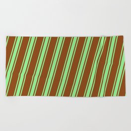 [ Thumbnail: Brown & Light Green Colored Striped/Lined Pattern Beach Towel ]