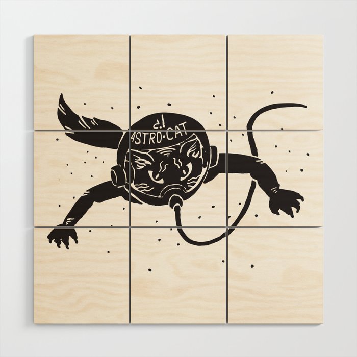Astro Cat black Wood Wall Art