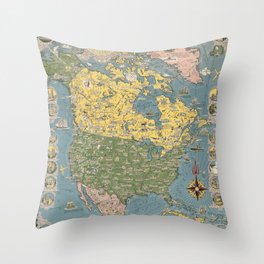  pictorial map of North America-Vintage Illustrated Map Throw Pillow