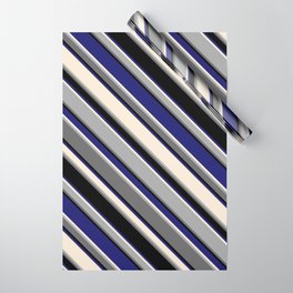 [ Thumbnail: Eye-catching Midnight Blue, Beige, Dark Grey, Dim Grey & Black Colored Striped Pattern Wrapping Paper ]