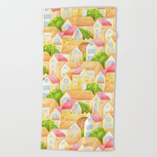 Watercolor Town Beach Towel