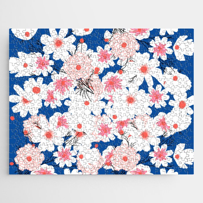Modern Spring Flowers Navy Blue and Pink Jigsaw Puzzle