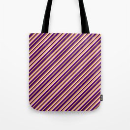 [ Thumbnail: Indigo, Goldenrod & Pink Colored Pattern of Stripes Tote Bag ]
