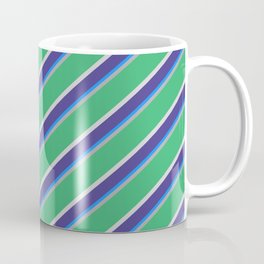 [ Thumbnail: Vibrant Dark Grey, Sea Green, Light Gray, Dark Slate Blue & Blue Colored Lines/Stripes Pattern Coffee Mug ]