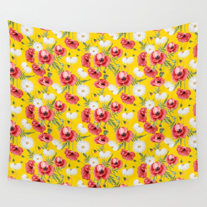 Daisy and Poppy Seamless Pattern on Yellow Background Wall Tapestry