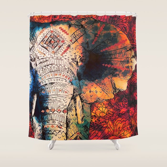 Indian Sketched Elephant Red Orange Asian Bohemian Hippie Elephants Art