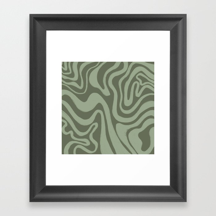 60s Retro Liquid Swirl in Olivine + Reseda Sage Green Framed Art Print