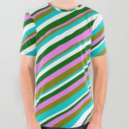 [ Thumbnail: Colorful Violet, Green, Dark Turquoise, White & Dark Green Colored Lines/Stripes Pattern All Over Graphic Tee ]