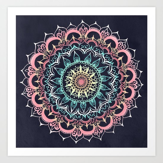 Pink, Cream & Soft Turquoise Glow Medallion on Navy Art Print