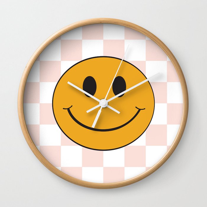 Smiley Face Pink & White Checker Pattern Wall Clock