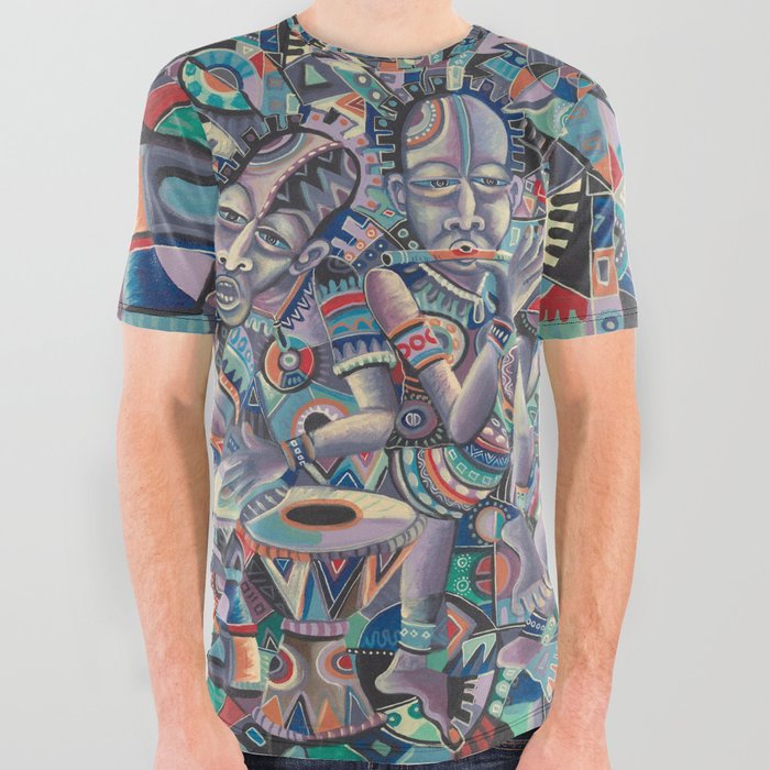 The Drummer and the Flutist music painting from Africa All Over Graphic Tee