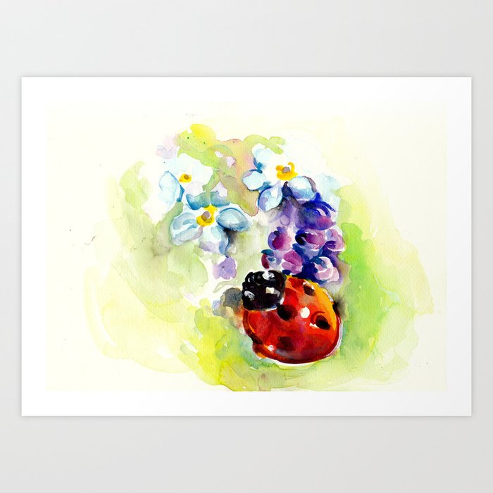Ladybug In Blue Flowers Lilac And Daffodils Art Print By