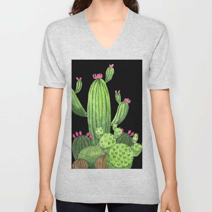 Flowering Cactus Bunch on Black V Neck T Shirt