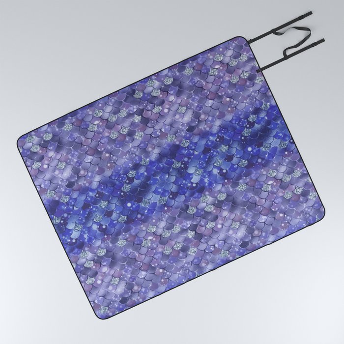 Navy Blue Mermaid Pattern Metallic Glitter Picnic Blanket